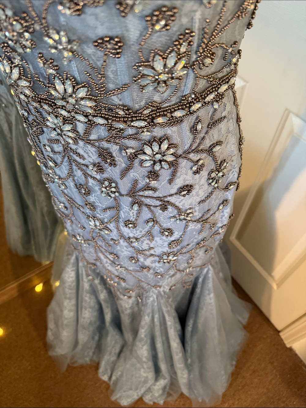 MAC DUGGAL Blue Embellished Lace Evening Gown with Illusion Neckline - Picture 6 of 14